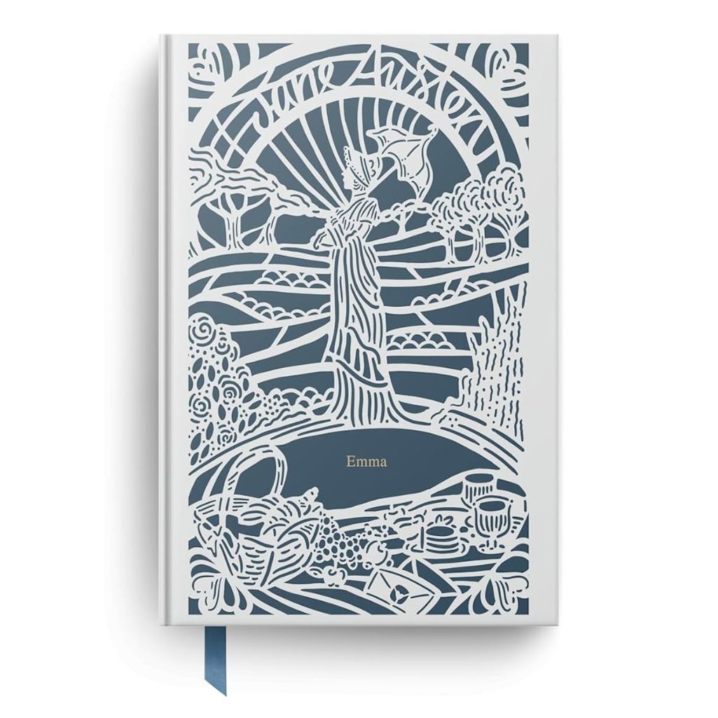 Decorative notebook with intricate design and 'Emma' branding on a white background