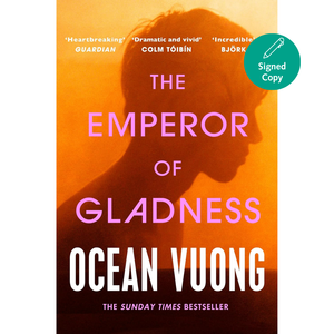 Book cover of 'The Emperor of Gladness' by Ocean Vuong with a silhouette and orange background.