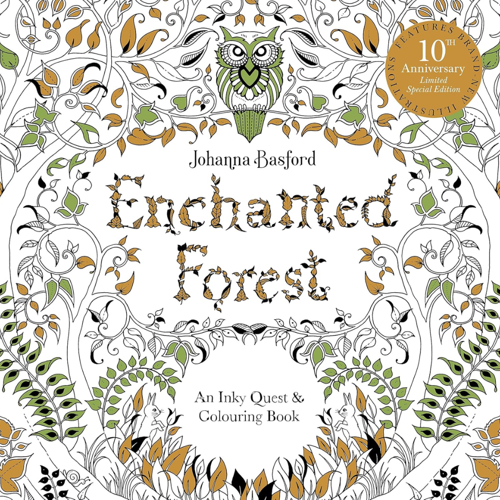 Cover of 'Enchanted Forest' by Johanna Basford with intricate designs and an owl illustration.