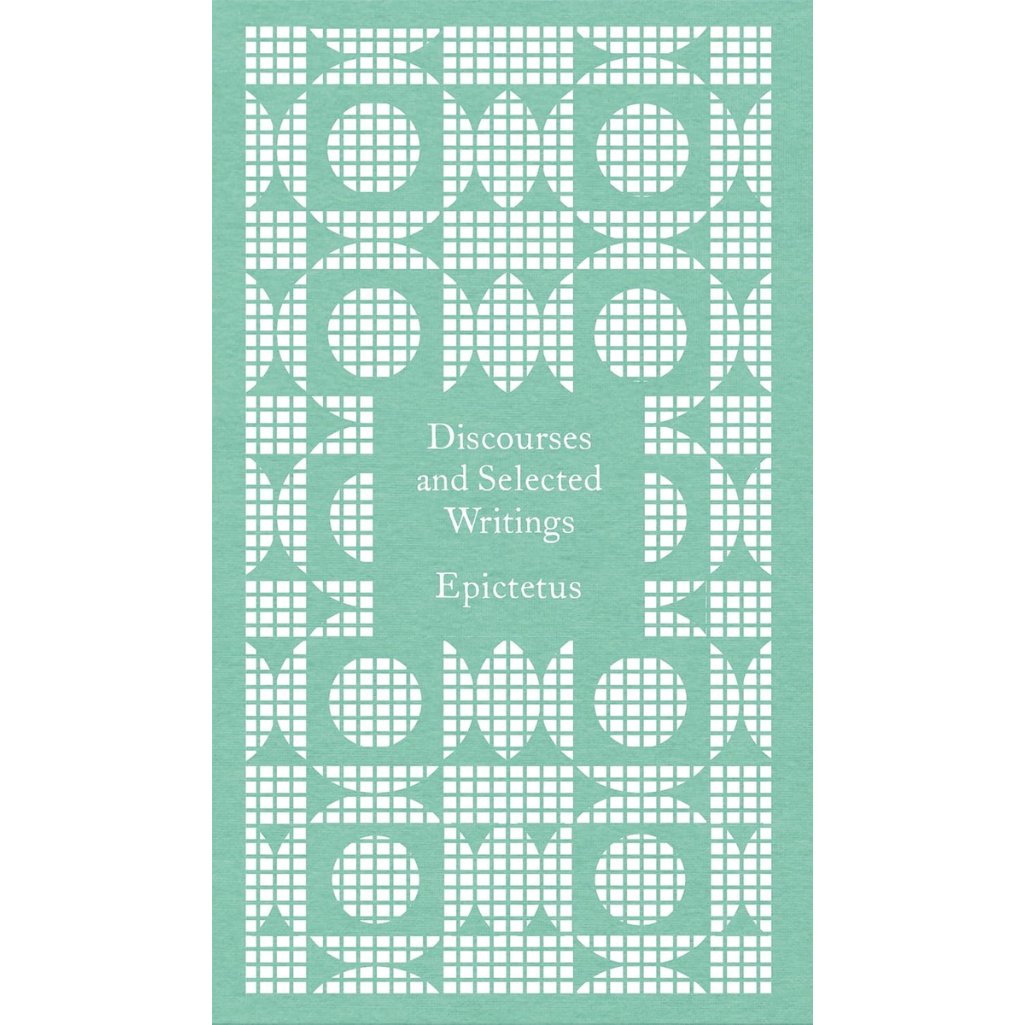 Book cover with geometric pattern and text 'Discourses and Selected Writings Epictetus' on a teal background
