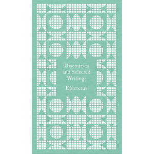 Book cover with geometric pattern and text 'Discourses and Selected Writings Epictetus' on a teal background