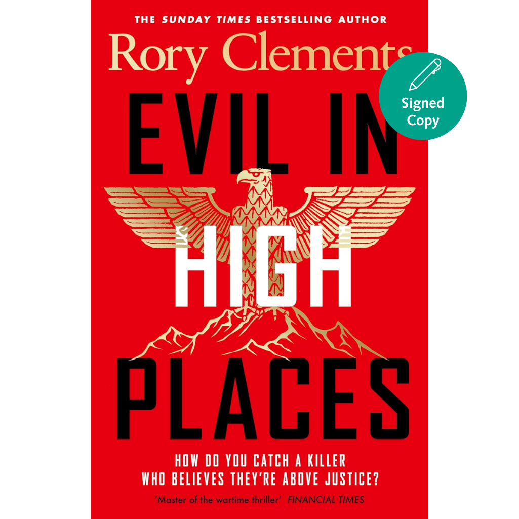 Book cover of 'Evil in High Places' by Rory Clements with a red background and eagle illustration.