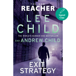 Book cover of 'Exit Strategy' by Lee Child and Andrew Child with a silhouette of a person walking down a street.
