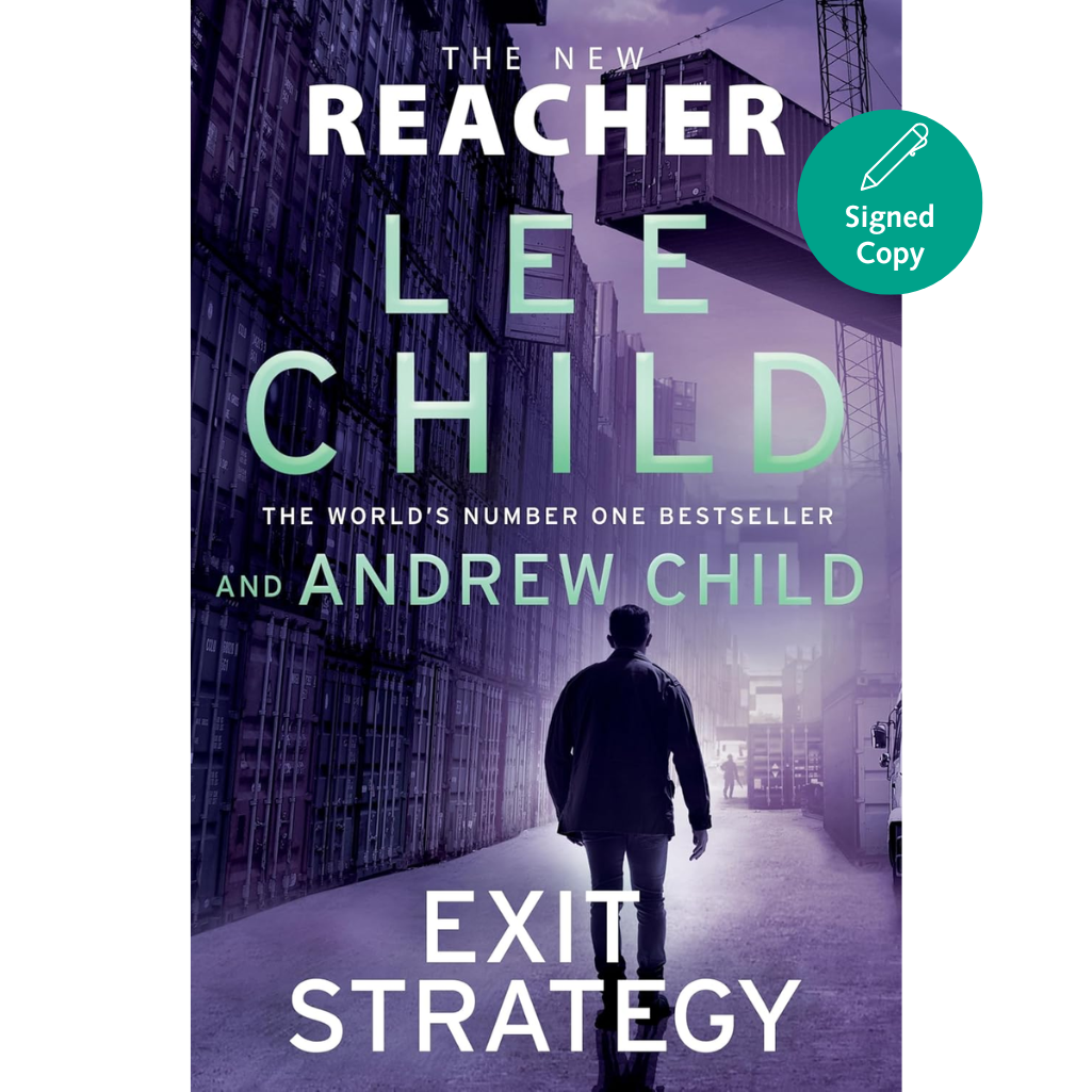 Book cover of 'Exit Strategy' by Lee Child and Andrew Child with a silhouette of a person walking down a street.