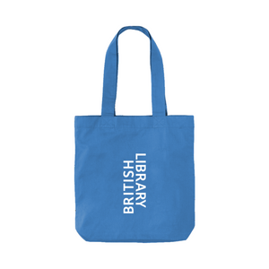 Blue tote bag with 'British Library' logo on a white background
