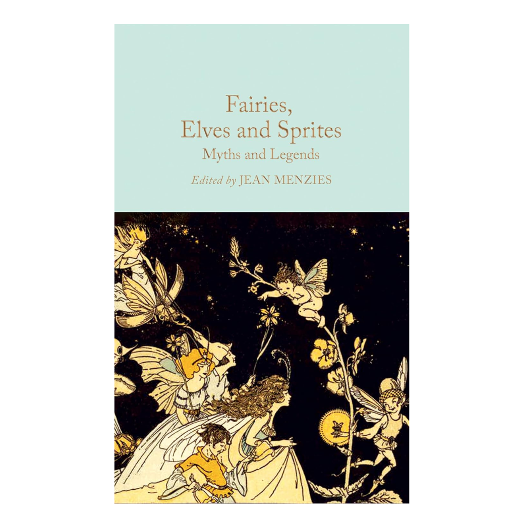 Book cover of 'Fairies, Elves and Sprites' with fairy illustrations on a black background.