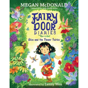 Book cover of 'Fairy Door Diaries' featuring a girl surrounded by fairies and flowers.