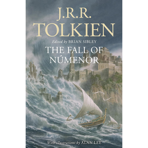 Book cover of 'The Fall of Néménor' by J.R.R. Tolkien with a ship in a stormy sea.