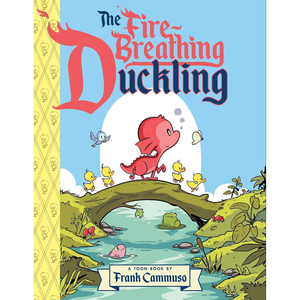 Book cover of 'The Fire Breathing Duckling' with a red duckling on a branch over a pond.