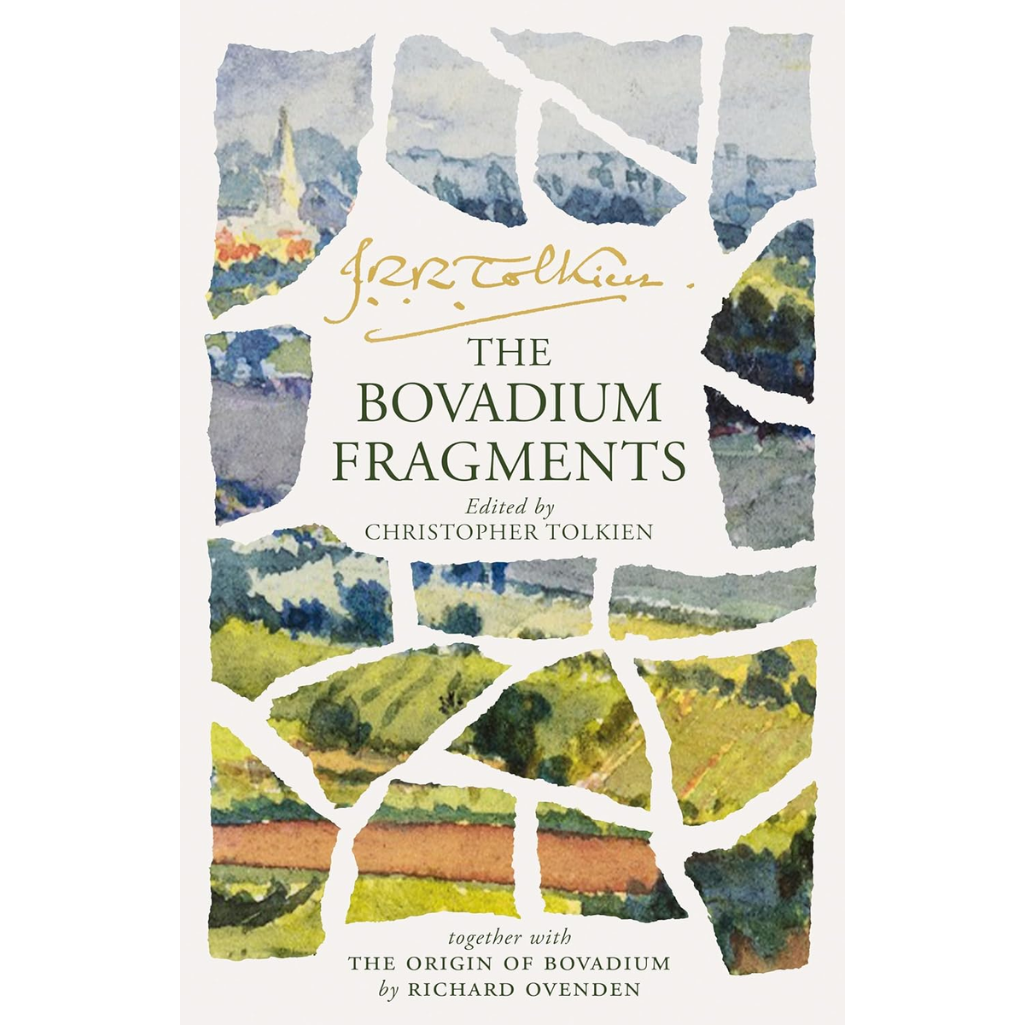 Book cover of 'The Bovadium Fragments' with artistic landscape design and Tolkien's signature.