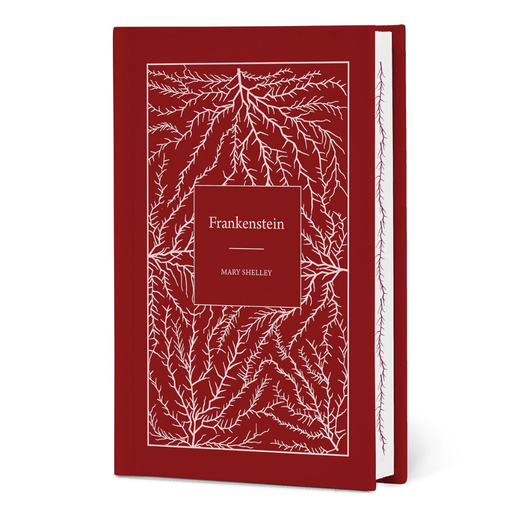 Red book cover with white text and design, featuring the title 'Frankenstein' by Mary Shelley.