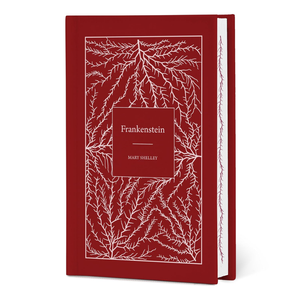 Red book cover with white text and design, featuring the title 'Frankenstein' by Mary Shelley.
