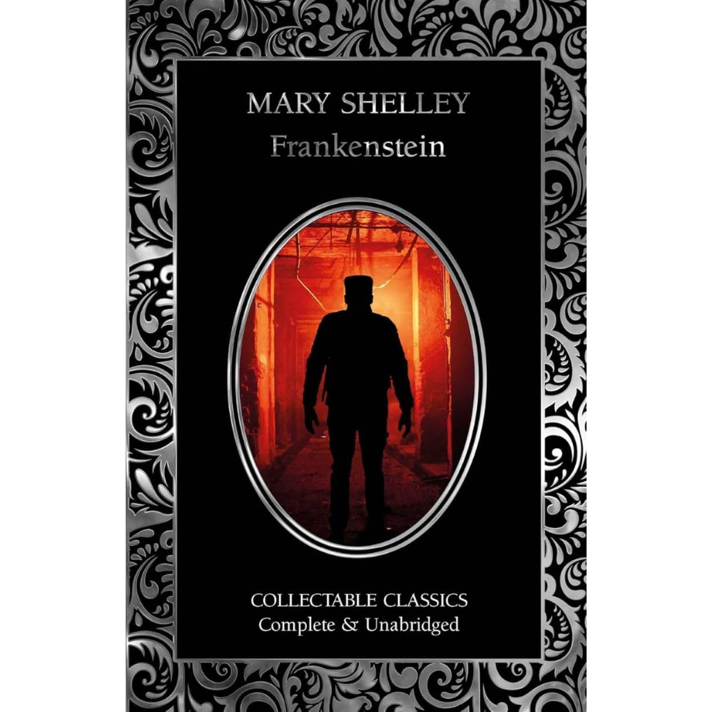Book cover of 'Frankenstein' by Mary Shelley with a silhouette in a frame.