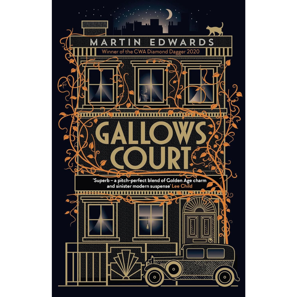 Book cover of 'Gallows Court' by Martin Edwards with decorative elements and text.