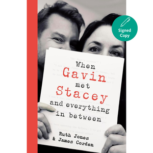 Book cover of 'When Gavin met Stacey and everything in between' with a red spine and black and white photo of two people holding the book.