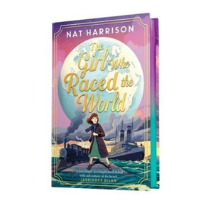 Book cover of 'The Girl Who Raced the World' by Nat Harrison with a colorful design and illustration of a girl and train.