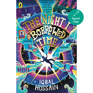 Book cover of 'The Night I Borrowed Time' with colorful design and signed copy label.