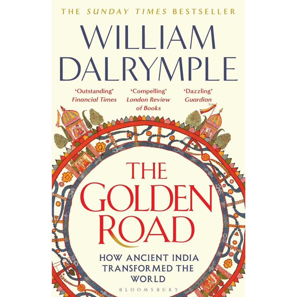 Book cover of 'The Golden Road' by William Dalrymple with decorative elements and text on a white background.