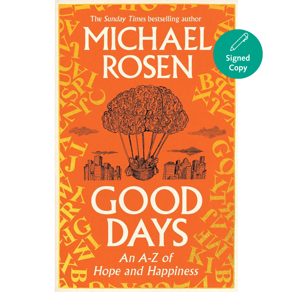 Book cover of 'Good Days' by Michael Rosen with an orange background and hot air balloon illustration.