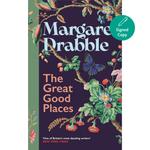 Book cover of 'The Great Good Places' by Margaret Drabble with floral design and signed copy badge.