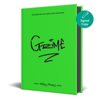 Green book titled 'Grime' with a pen icon and 'Signed Copy' text on a white background