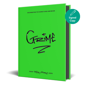 Green book titled 'Grime' with a pen icon and 'Signed Copy' text on a white background