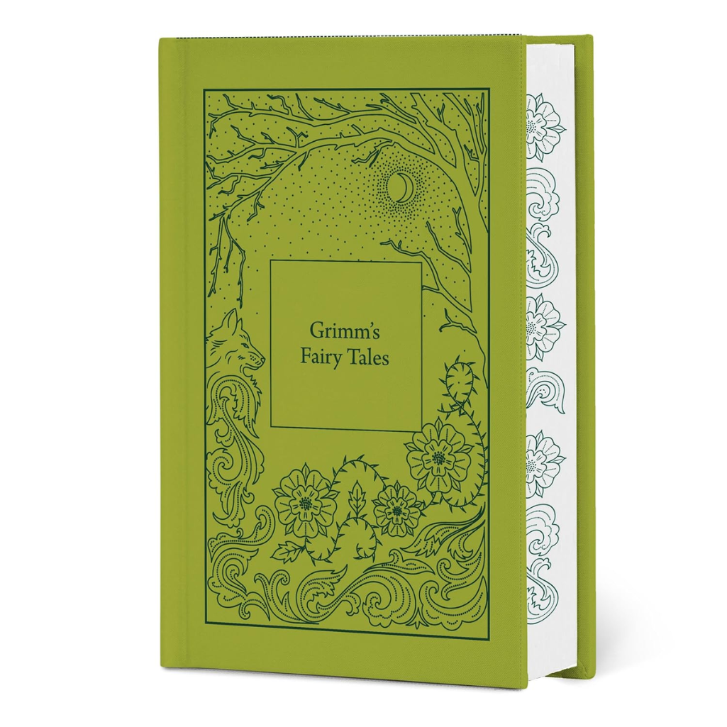Green book titled 'Grimm's Fairy Tales' with decorative cover design on a white background