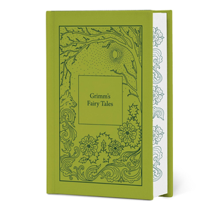 Green book titled 'Grimm's Fairy Tales' with decorative cover design on a white background
