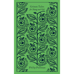 Book cover of 'Grimm Tales for Young and Old' by Philip Pullman with green background and black illustrations.