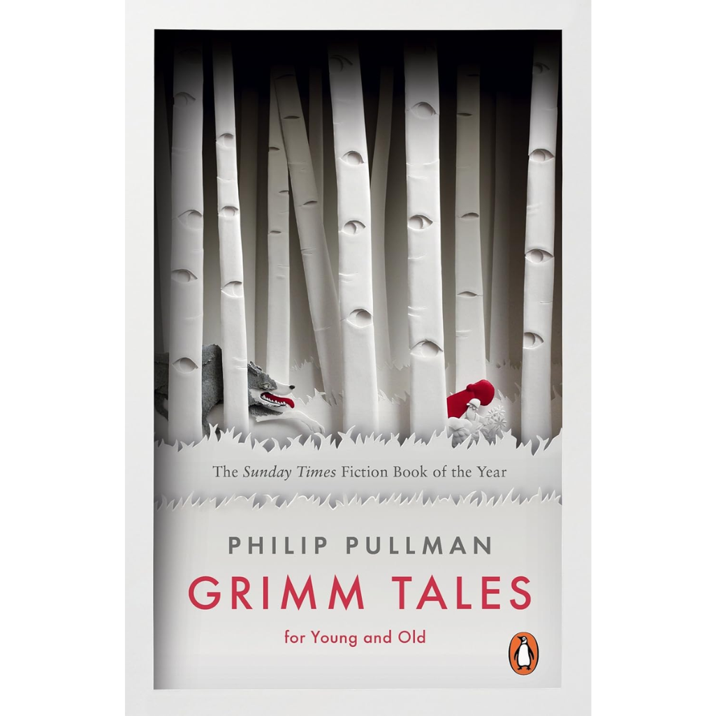 Book cover of 'Grimm Tales' by Philip Pullman with a forest design.