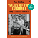 Book cover of 'Tales of the Suburbs' with a signed copy label and black and white photo of two people in a kitchen.