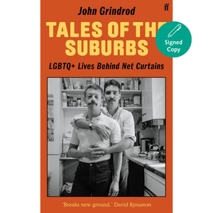 Book cover of 'Tales of the Suburbs' with a signed copy label and black and white photo of two people in a kitchen.