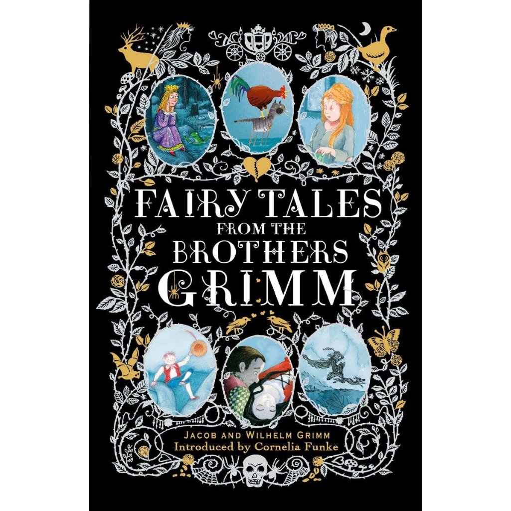 Book cover of 'Fairy Tales from the Brothers Grimm' with illustrations and decorative elements on a black background.