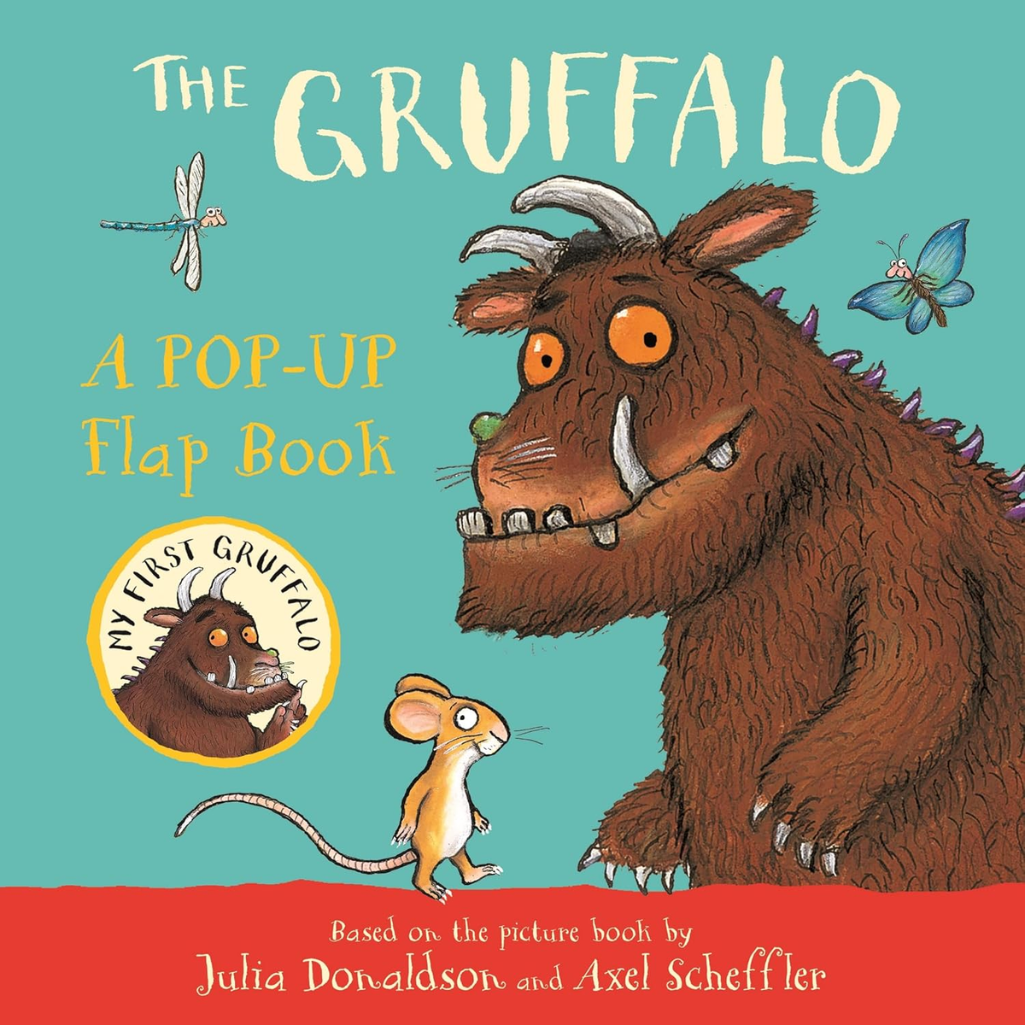 Pop-up flap book cover featuring The Gruffalo with a teal background