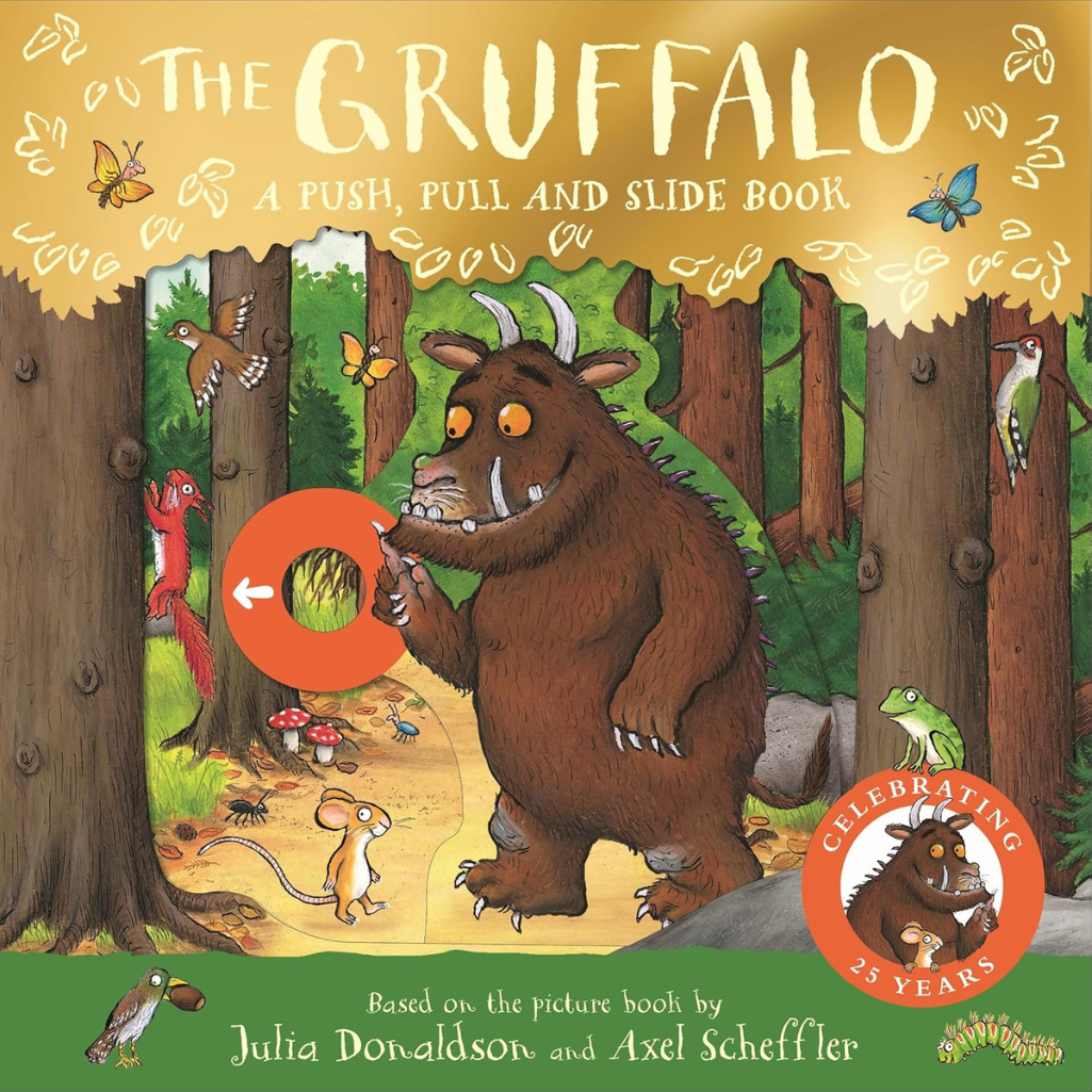 Cover of 'The Gruffalo' book with interactive elements and forest scene.