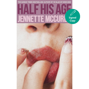 Book cover of 'Half His Age' by Jennette McCurridge with a close-up of lips and a signature badge.