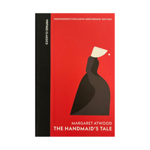 Book cover of 'The Handmaid's Tale' by Margaret Atwood with a red background and black silhouette.