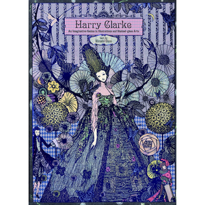 Book cover with intricate illustrations of a woman in a floral dress and various objects on a blue patterned background.