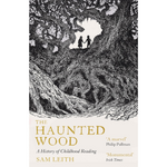 Book cover of 'The Haunted Wood' with a black and white illustration of two figures in a forest.