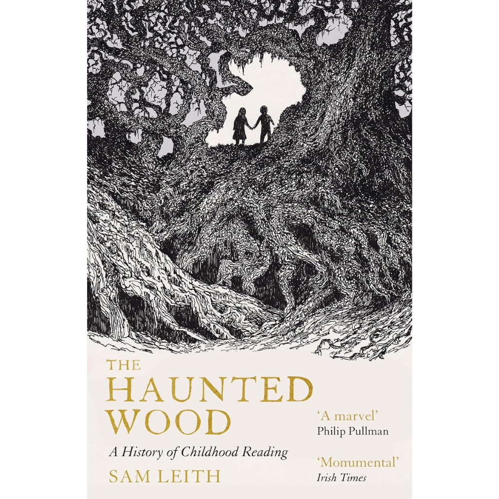 Book cover of 'The Haunted Wood' with a black and white illustration of two figures in a forest.