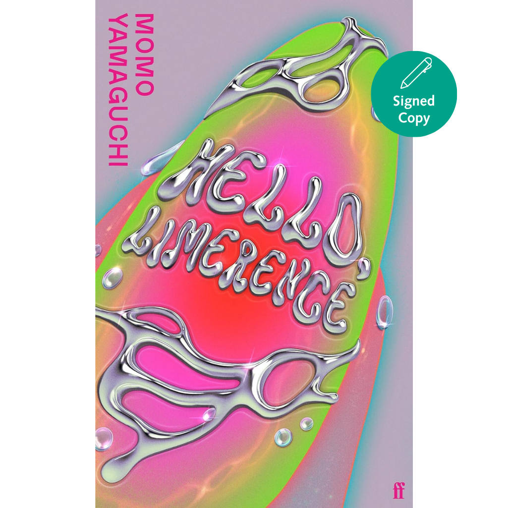 Book cover of 'Hello, Limerence' with colorful design and scissors.
