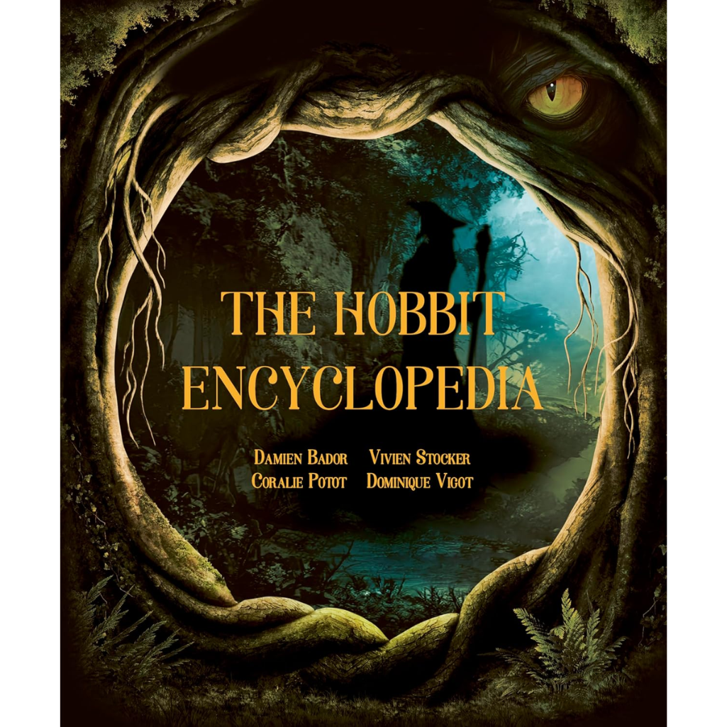 Cover of 'The Hobbit Encyclopedia' with a fantasy design featuring a silhouette of a creature and a glowing eye.
