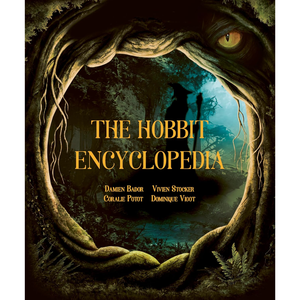 Cover of 'The Hobbit Encyclopedia' with a fantasy design featuring a silhouette of a creature and a glowing eye.