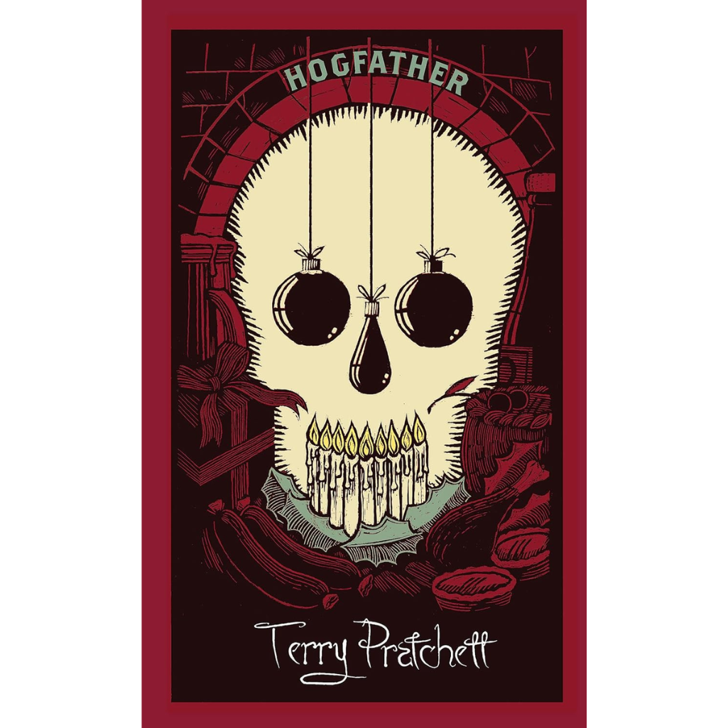 Book cover of 'Hogfather' by Terry Pratchett with a skull design and red border.