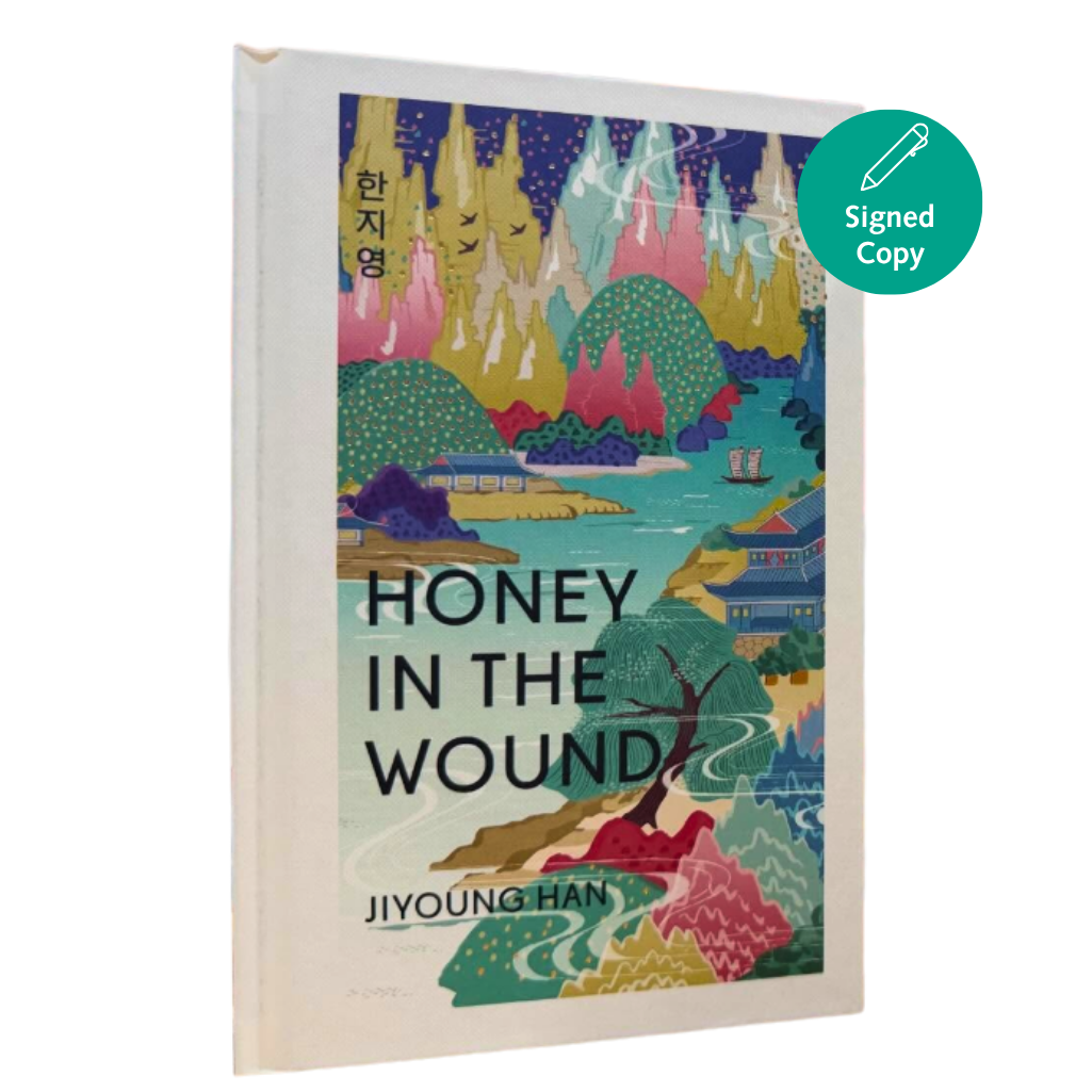 Book cover of 'Honey in the Wound' with colorful illustrations and a 'Signed Copy' label.