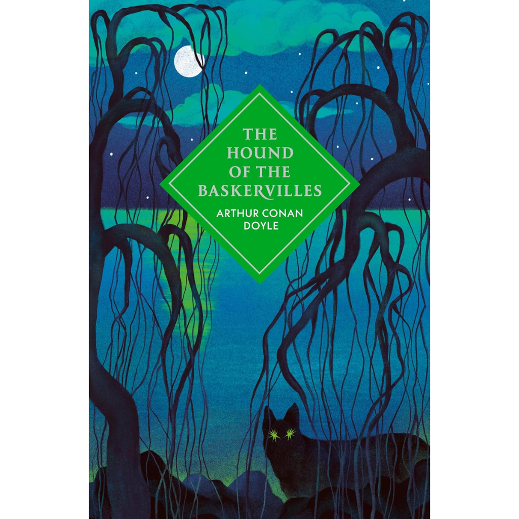 Book cover of 'The Hound of the Baskervilles' with a cat and trees in the background