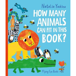 Book cover of 'How Many Animals Can Fit in This Book?' with colorful illustrations of animals on a blue background.