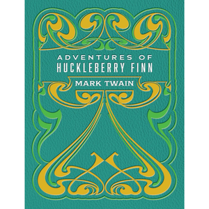 Book cover of 'Adventures of Huckleberry Finn' by Mark Twain with decorative green and yellow design on a teal background.