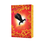 Book cover of 'Catching Fire' by Suzanne Collins with a bird and autumn leaves on a red background