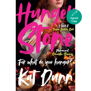 Book cover of 'Hunger of Stone' by Kat Dunn with a woman and food items on a white background.